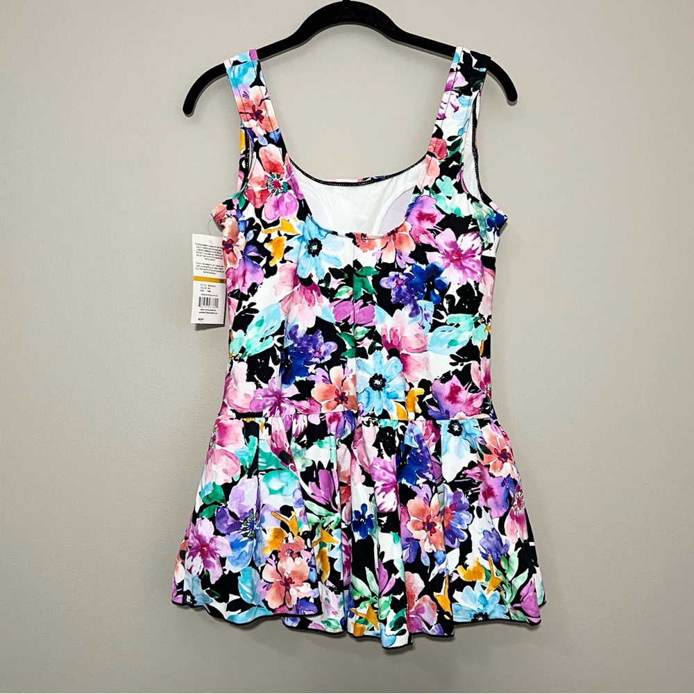 NWT Maxine of Hollywood One-Piece Swim Dress Skirt Floral Tummy Control 16W - Picture 2 of 14